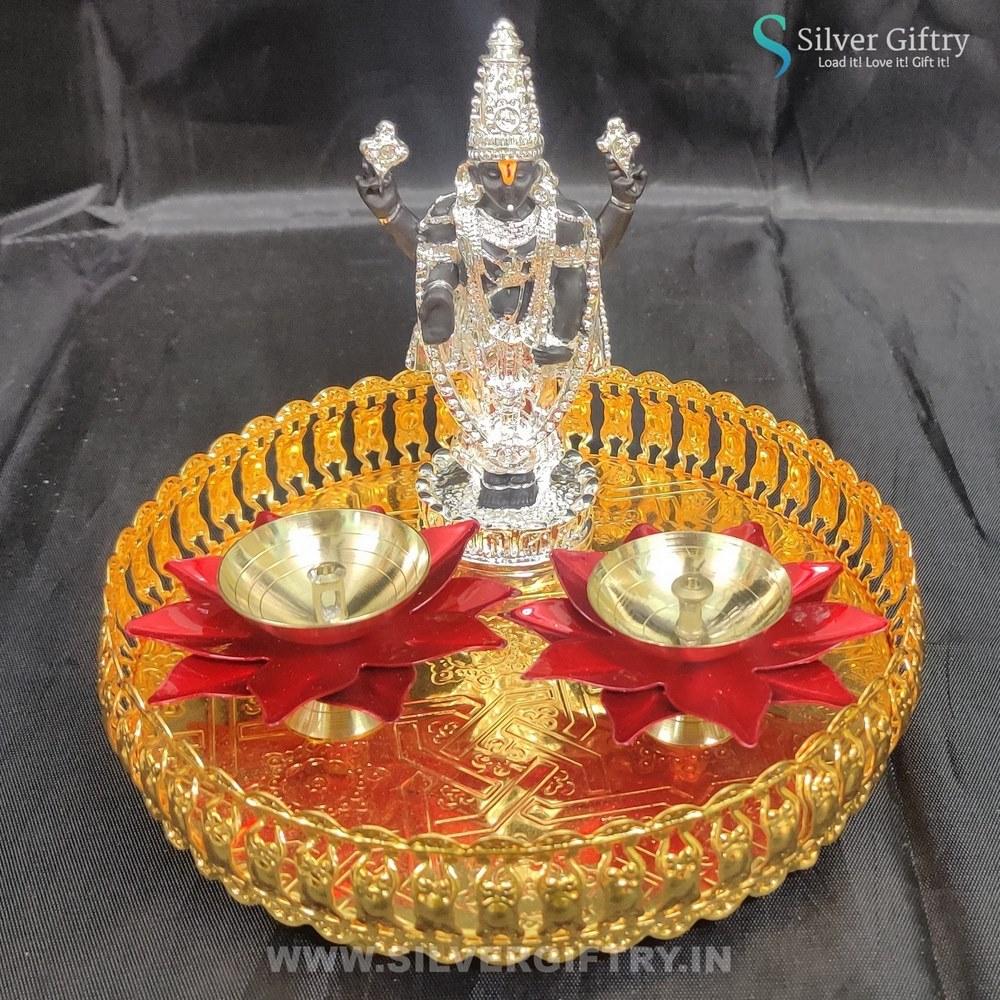 5" Balaji With Lotus Diya With Trays (Red) | Silver Giftry | SGT20K561