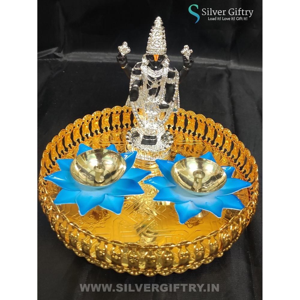 5" Balaji With Lotus Diya With Trays (Blue) | Silver Giftry | SGT20K562