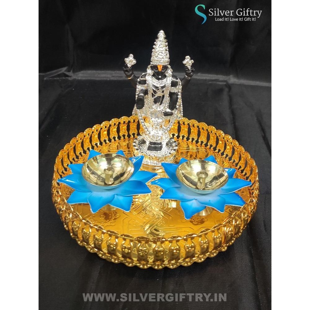 5" Balaji With Lotus Diya With Trays (Blue) | Silver Giftry | SGT20K562