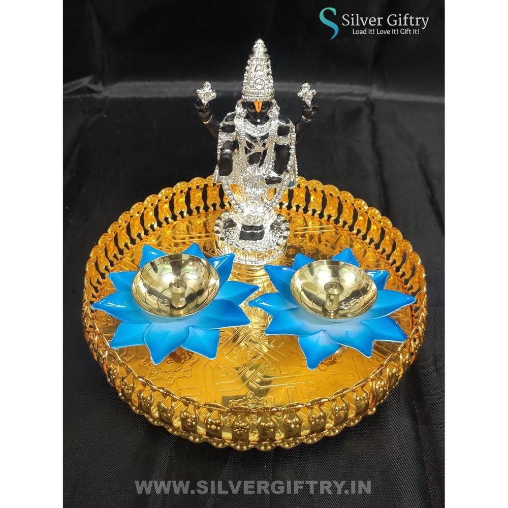 5" Balaji With Lotus Diya With Trays (Blue) | Silver Giftry | SGT20K562