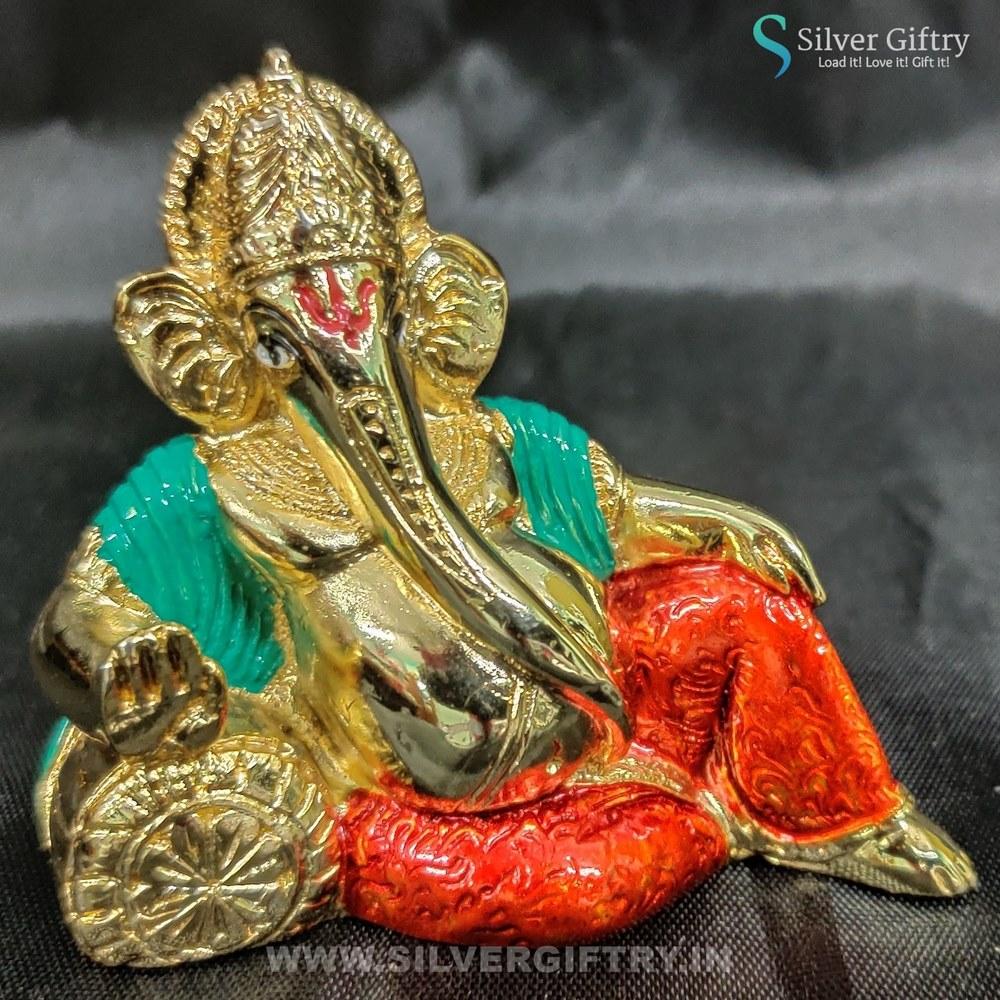 24Kr Gold Coated Ganesh Maharaj Idol 3" (Red And Gold) | Silver Giftry | SGT20K569