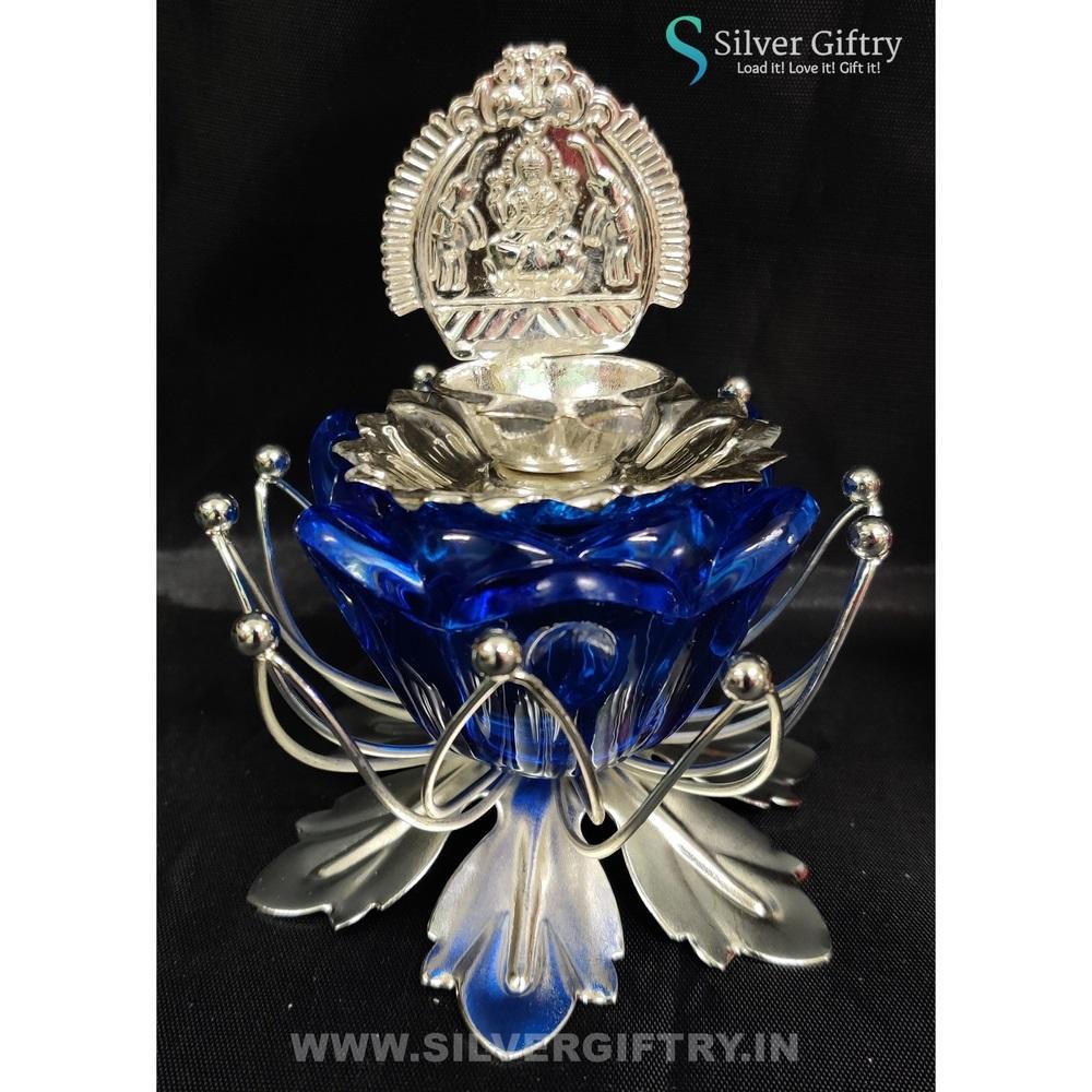 German Silver Kamala Lakshmi Diya Set 3" (Blue) | Silver Giftry | SGT20K581