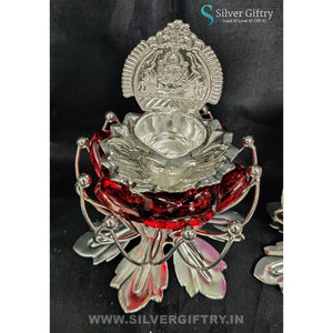 German Silver Kamala Lakshmi Diya Set 3" (Red) | Silver Giftry | SGT20K582