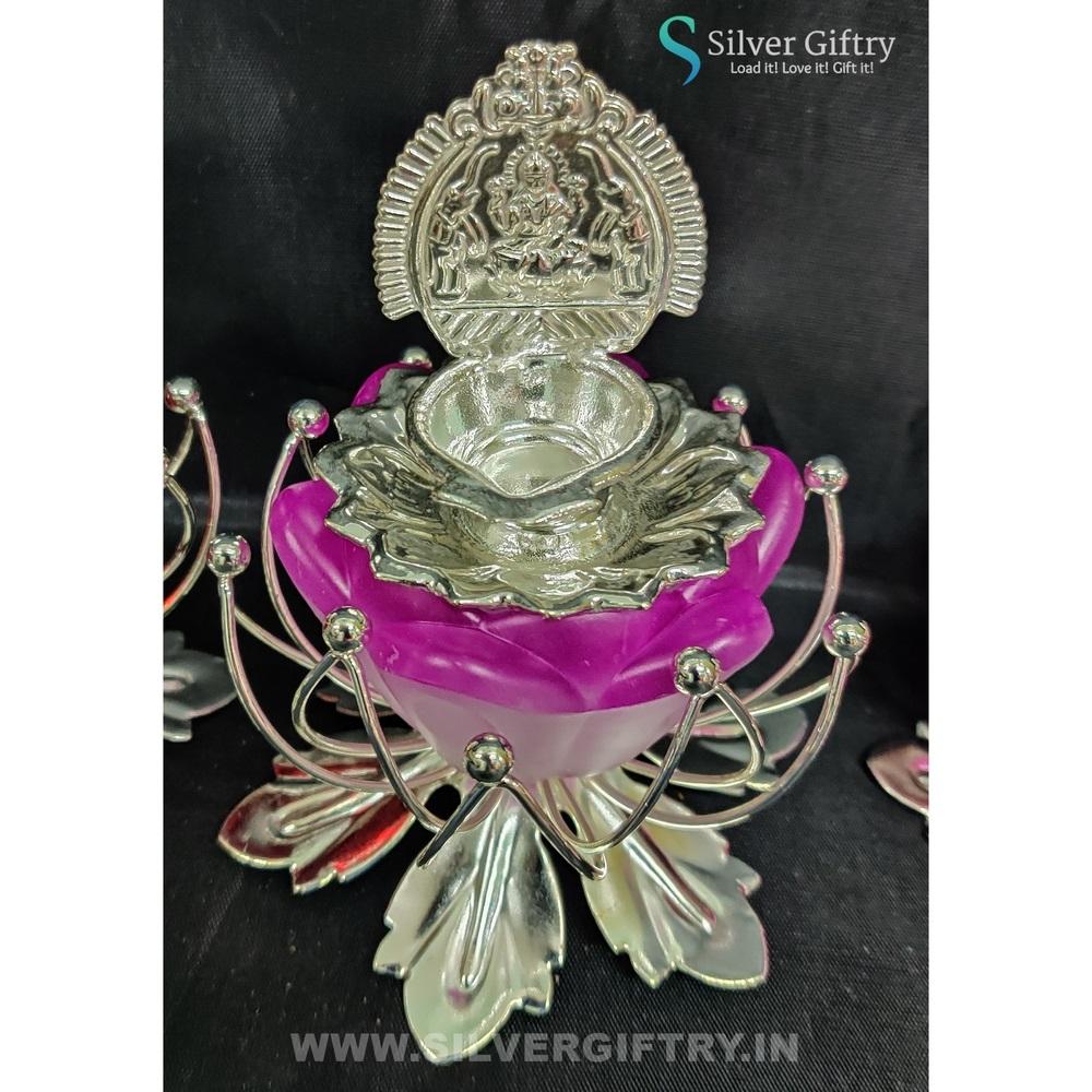 German Silver Kamala Lakshmi Diya Set 3" (Violet) | Silver Giftry | SGT20K583