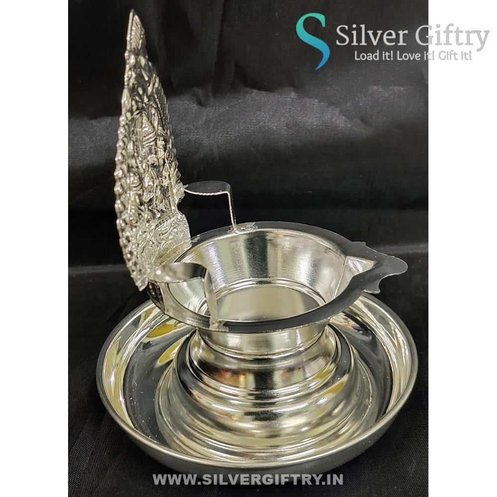 German Silver Lakshmi Kamakshi Diya with Plate 7" | Silver Giftry | SGT20K609