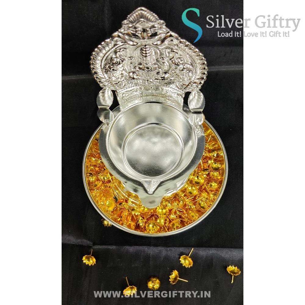German Silver Lakshmi Kamakshi Diya 7" with Plate & 108 Flowers | Silver Giftry | SGT20K610