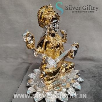 Pure Silver Coated Saraswati Idol 5.5"
