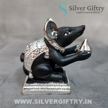 Silver Coated Rat With Modak 2.5" | Silver Giftry | SGT20K655