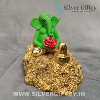 Gold Coated Ganesh Pooja Idol 4" Green