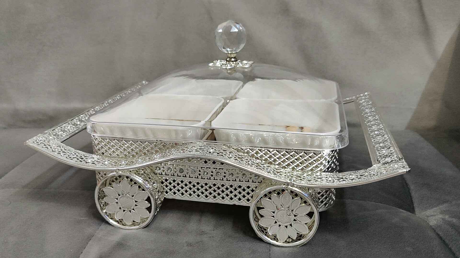German silver tray with wheels 14"