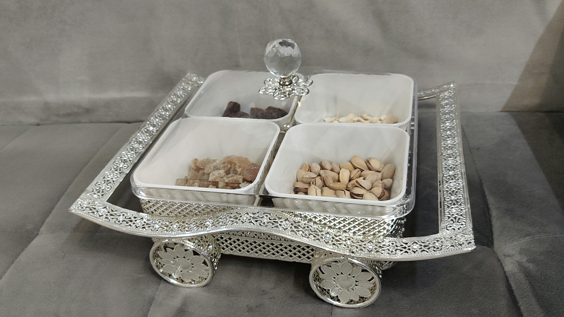 German silver tray with wheels 14"