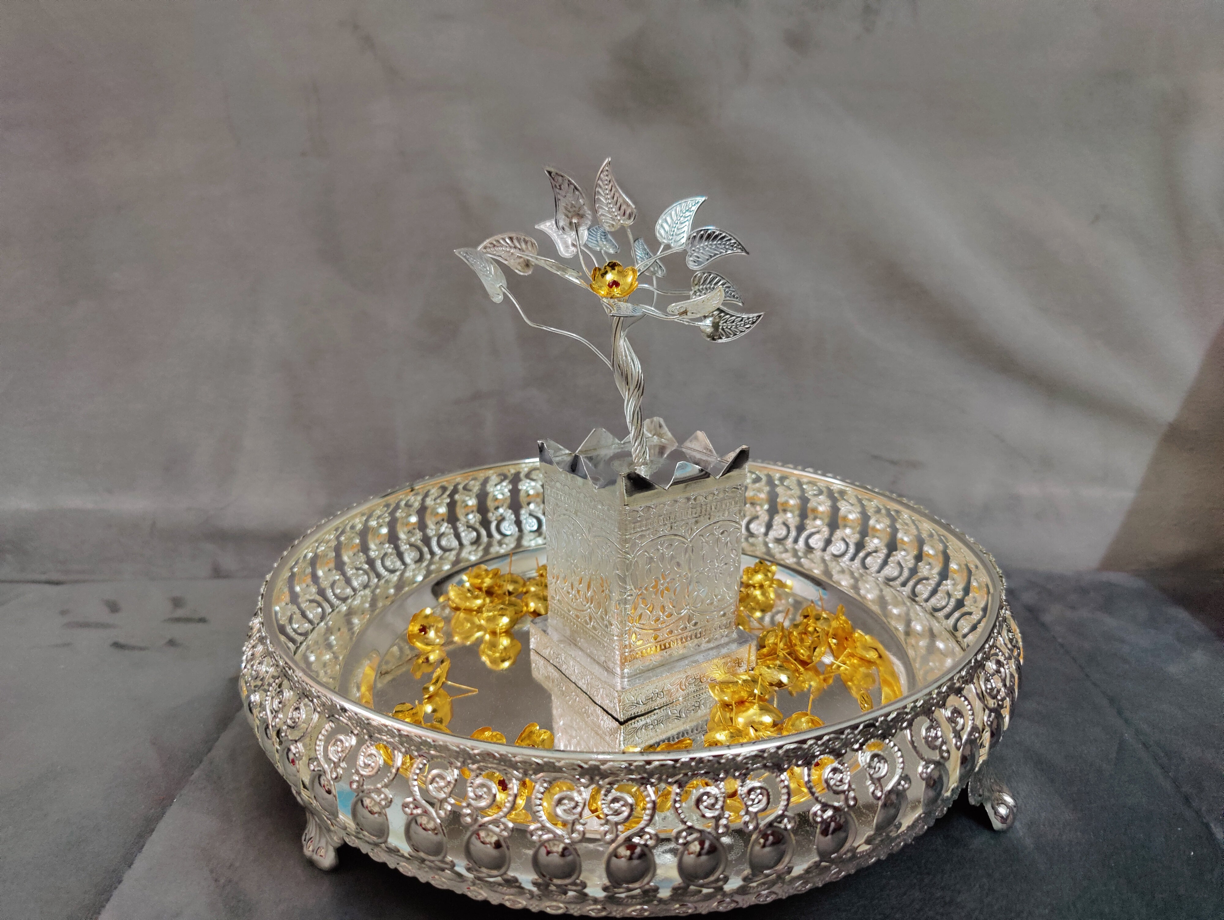 Imported German silver tray with Tulsi 6" and 108 mantra stoned flowers