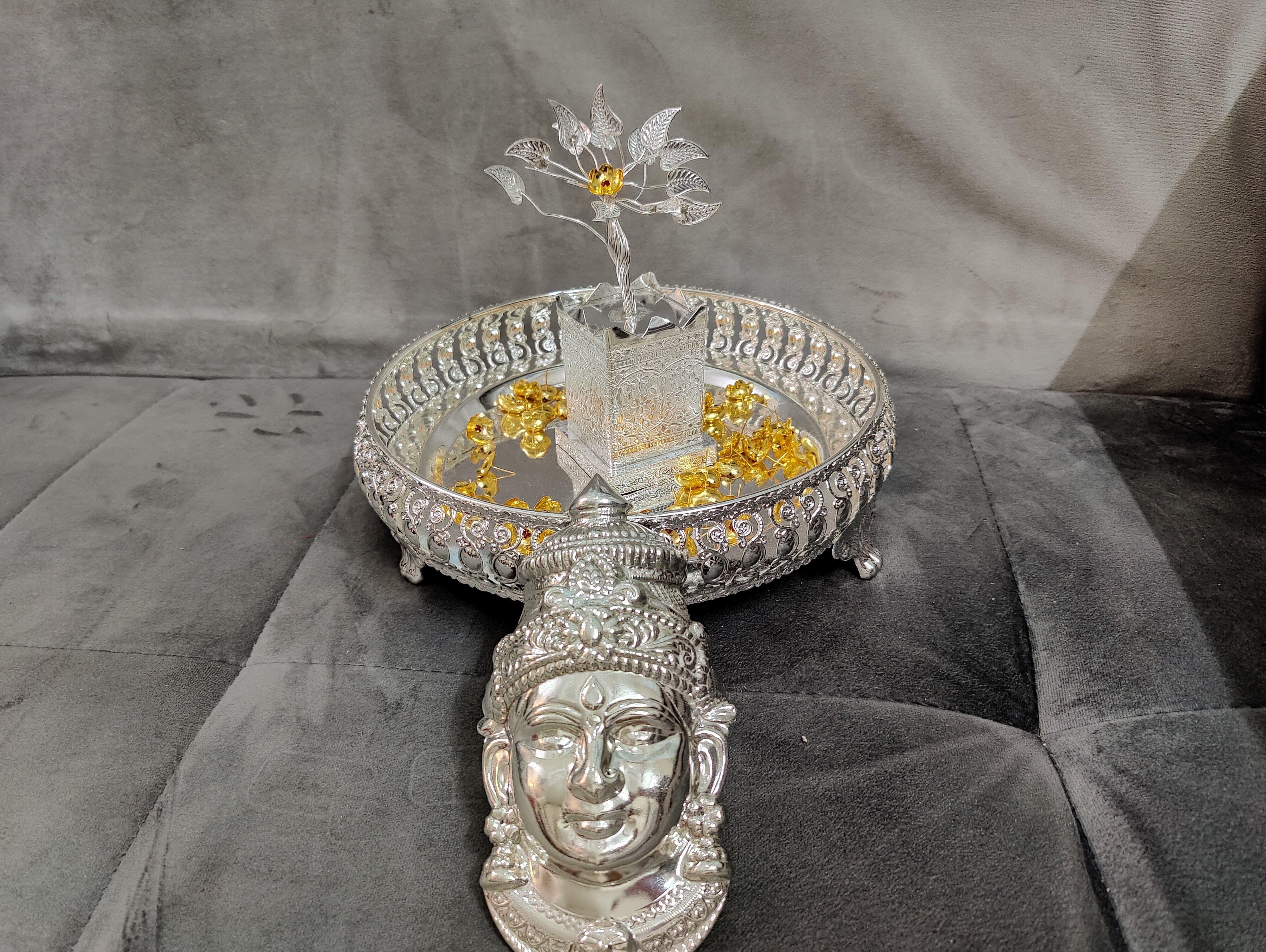 Imported German silver tray with Tulsi 6" and 108 mantra stoned flowers+ Lakshmi face