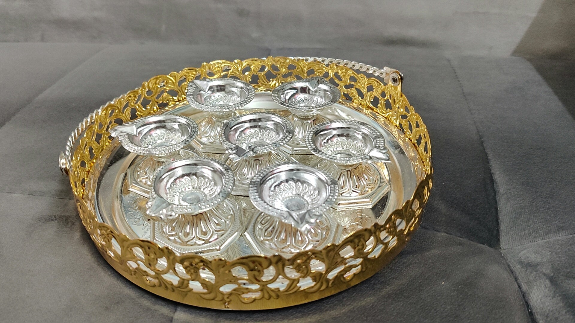 Imported German silver 8" tray with deepam 7pcs