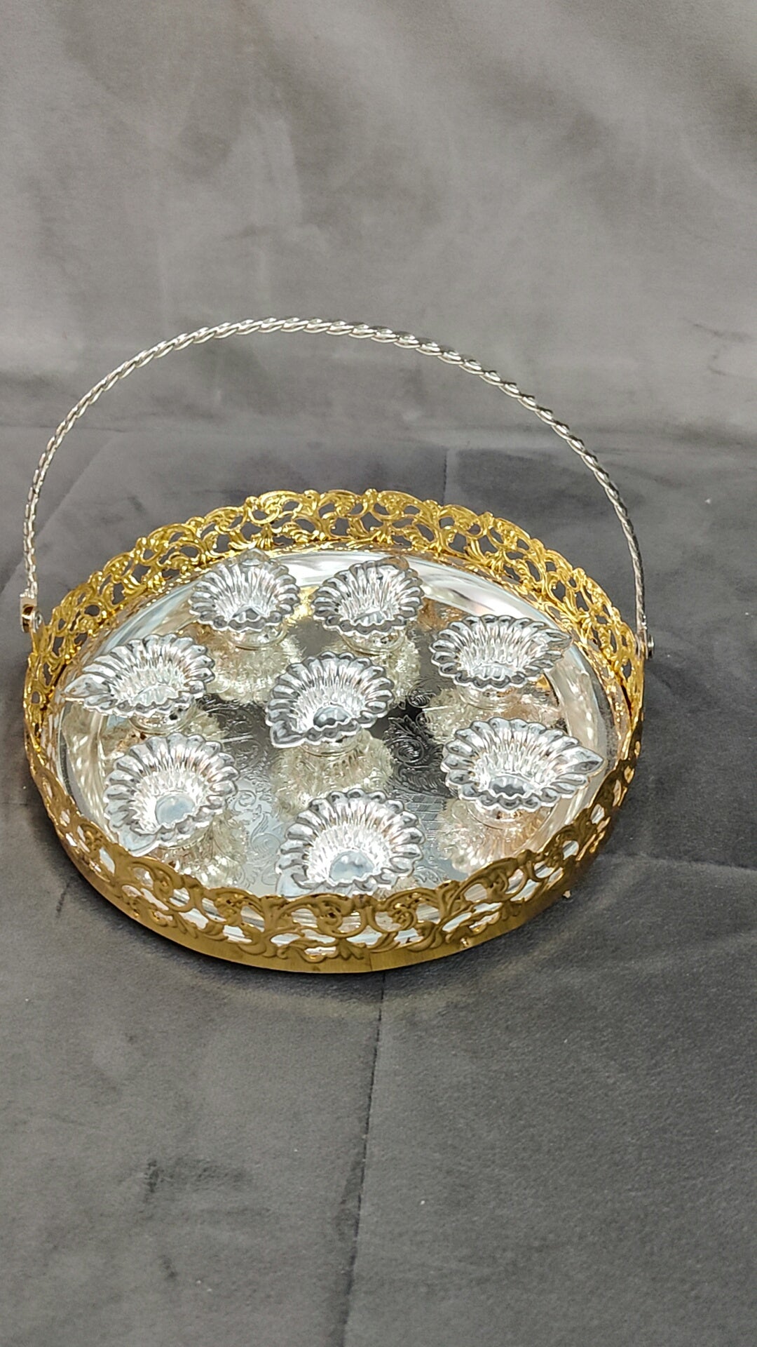 Imported German silver 8" tray with deepam 8pcs