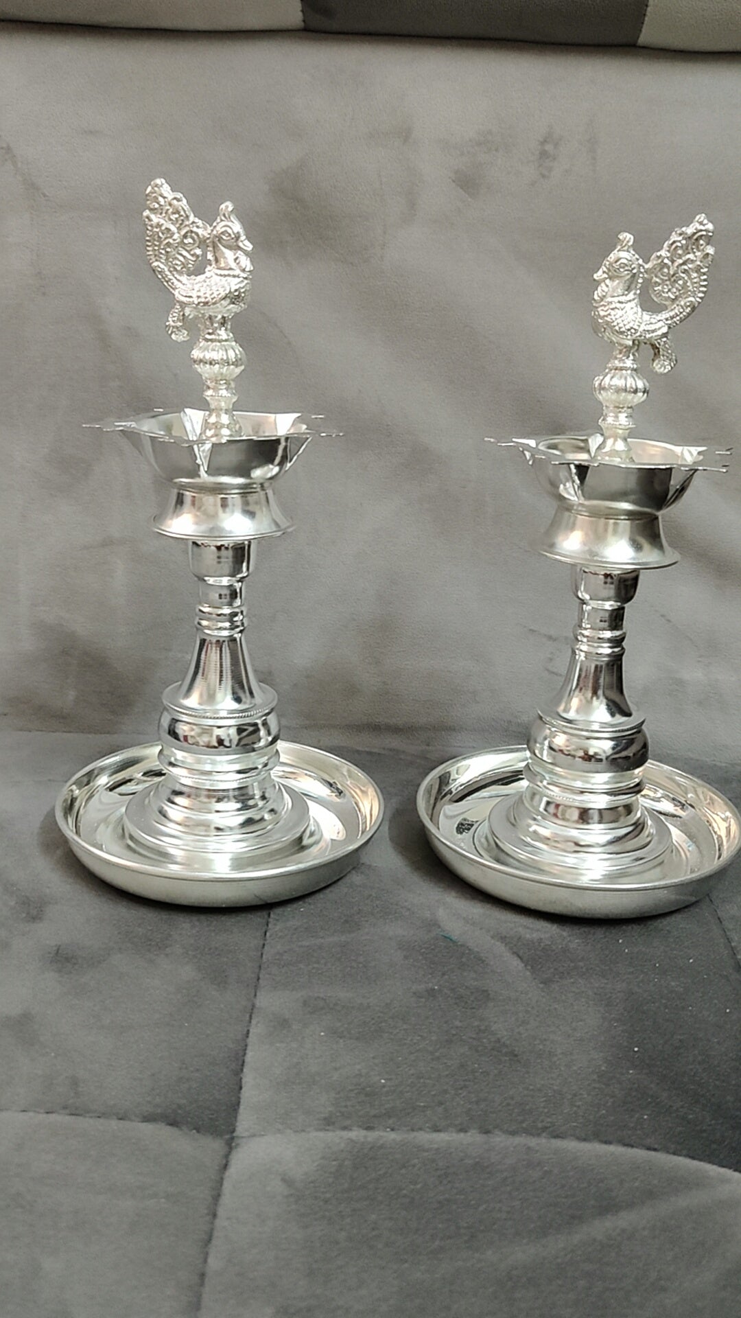 German silver 10" peacock deepam with base plates