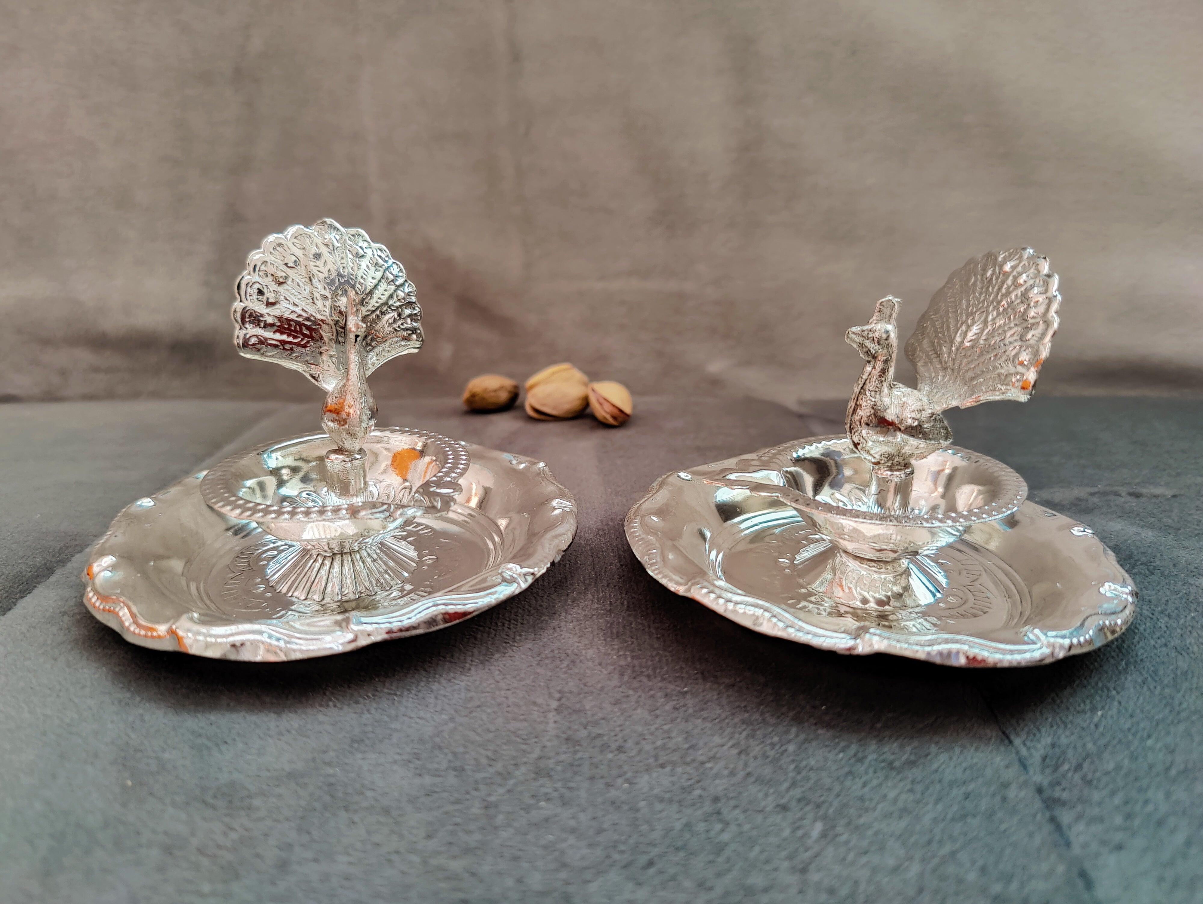 German silver washable peacock Deepam pair 3"